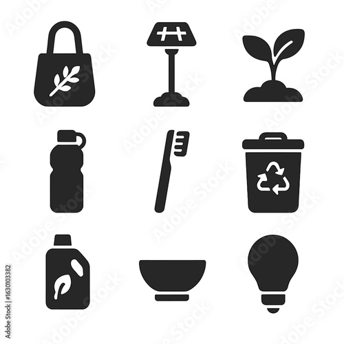 Sustainable Minimalism Icons. Solid, filled icons set of sustainable minimalism habits: cloth grocery bag,