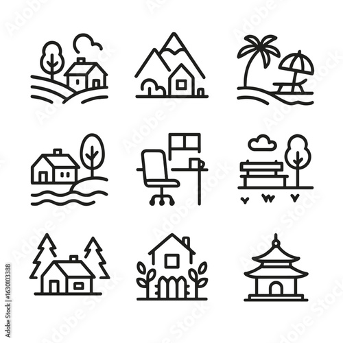 Quiet Retreat Icons. Outline icon set of quiet places: countryside, mountain retreat, beach resort, lake house, home office, park
