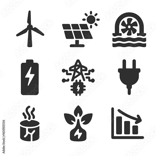 Sustainable Power Icons. Solid, filled icons set of sustainable power sources: wind turbine, solar modules,