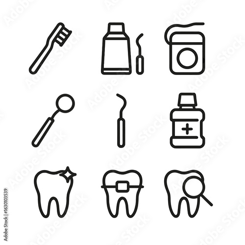 Fang Dental Care Icons. Outline icon set of dental care for fangs: toothbrush, toothpaste, floss, dental mirror, scaler, mouthwash