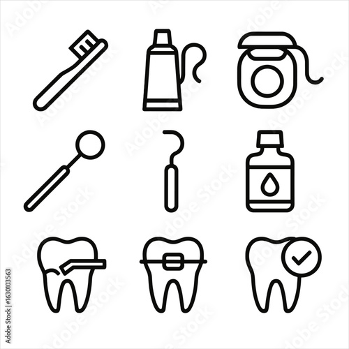 Fang Dental Care Icons. Outline icon set of dental care for fangs: toothbrush, toothpaste, floss, dental mirror, scaler, mouthwash