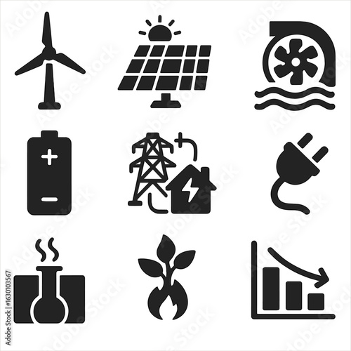 Sustainable Power Icons. Solid, filled icons set of sustainable power sources: wind turbine, solar modules,