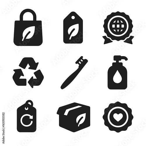 Sustainable Shopping Icons. Solid, filled icons set of sustainable shopping trends: reusable bag, green