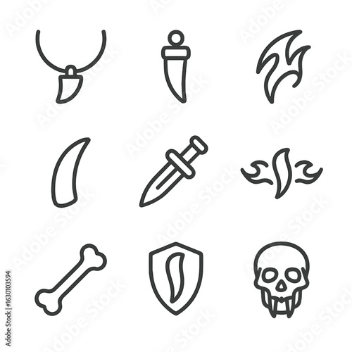 Fang Tool Icons. Outline icon set of fang-related tools and symbols: fang necklace, fang pendant, tribal fang, fang claw, fang