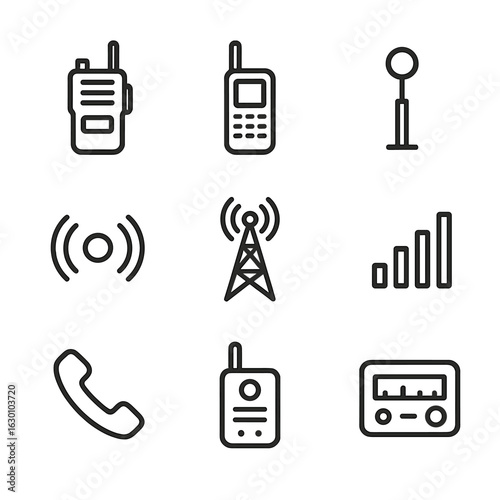 Radio Communication Icons. Outline icon set of radio communication: walkie-talkie, satellite phone, antenna, radio waves,