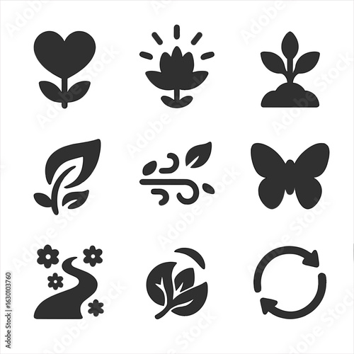 Symbolic Blooming Icons. Solid, filled icons set of symbolic blooming moments: heart-shaped flower, open