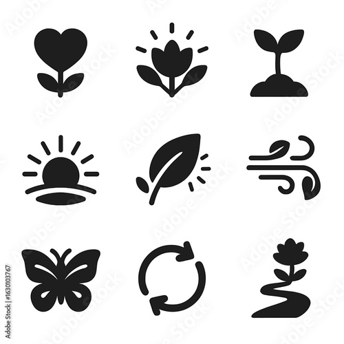 Symbolic Blooming Icons. Solid, filled icons set of symbolic blooming moments: heart-shaped flower, open