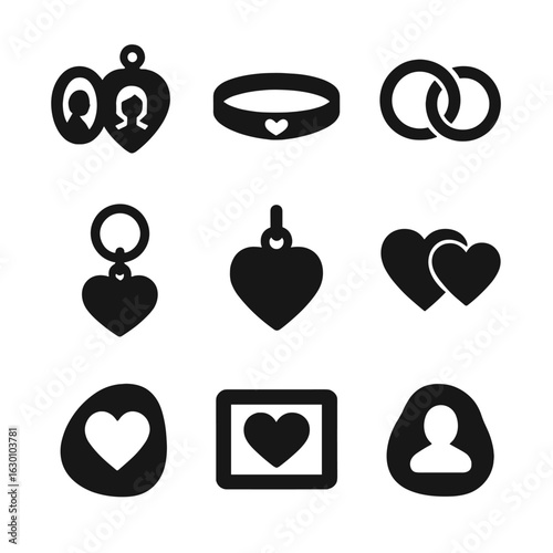 Symbolic Relationship Icons. Solid, filled icons set of symbolic relationship tokens: locket with photo,