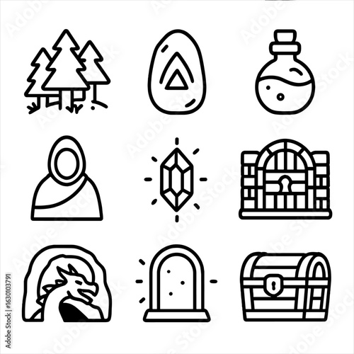 Fantasy Quest Icons. Outline icon set of fantasy quest: enchanted forest, ancient rune, potion bottle, quest giver, magical