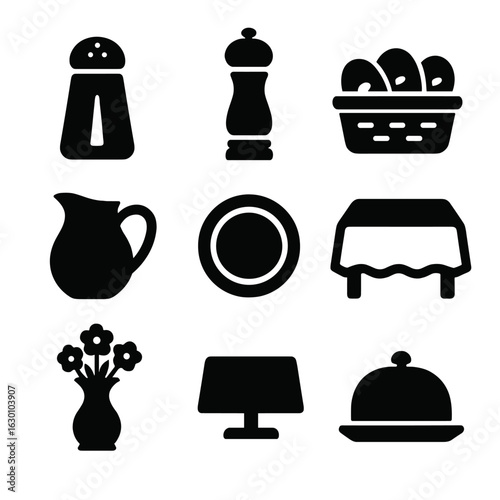 Table Setting Icons. Solid, filled icons set of table settings and accessories: salt shaker, pepper mill,