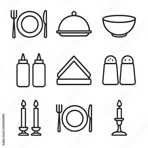 Tableware Icon Set. Outline icon set of Table setting and serving: plates, forks, knives, serving trays, bowls