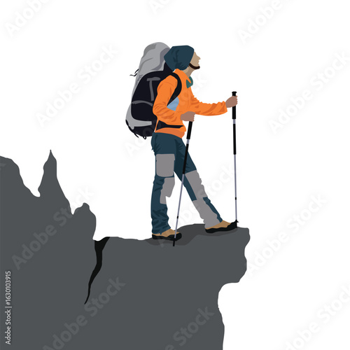 Hiker with backpack and trekking poles for adventure in mountain , travel and journey. Cartoon style vector illustration on isolated background.