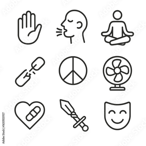 Rage Coping Icons Set. Outline icon set of rage coping: calm hand, deep breath, meditation pose, breaking chain, peace symbol,