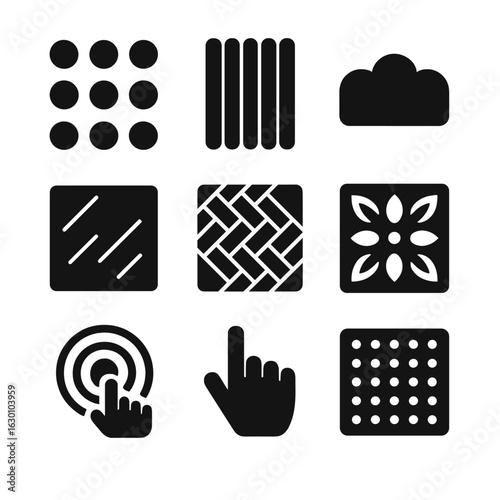 Tactile Design Icons. Solid, filled icons set of tactile design elements: raised dots, ribbed surface, soft