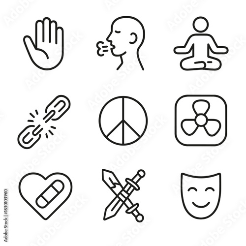 Rage Coping Icons Set. Outline icon set of rage coping: calm hand, deep breath, meditation pose, breaking chain, peace symbol,
