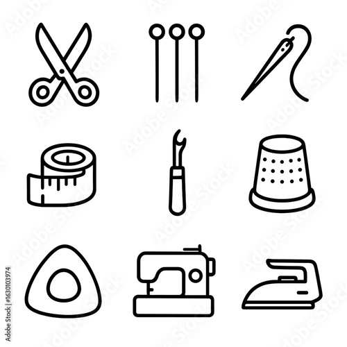 Tailoring Tools Icons. Outline icon set of tailoring tools: scissors, pins, needles, measuring tape, seam