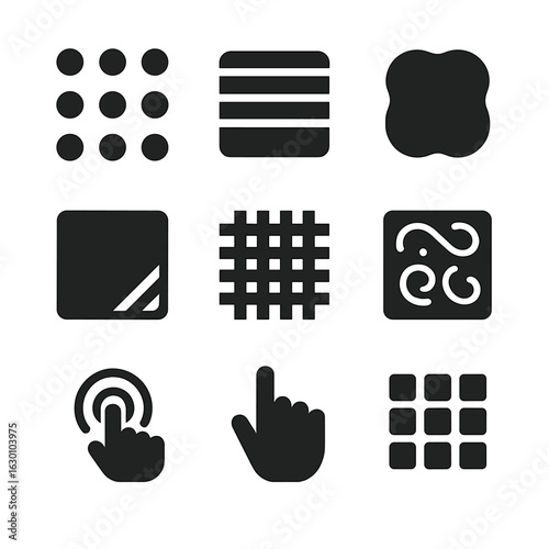 Tactile Design Icons. Solid, filled icons set of tactile design elements: raised dots, ribbed surface, soft