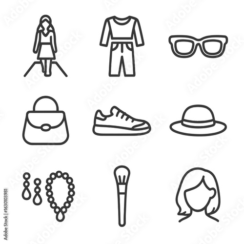 Fashion Icon Set. Outline icon set of fashion trends: runway model, trendy outfit, sunglasses, handbag, sneakers, hat, jewelry,