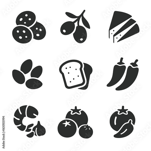Tapas Icon Selection. Solid, filled icons set of tapas selection: chorizo slices, olives, manchego cheese,