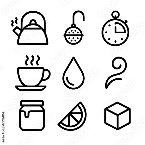 Tea Brewing Icons. Outline icon set of tea brewing process: boiling kettle, infuser, timer, tea cup, water