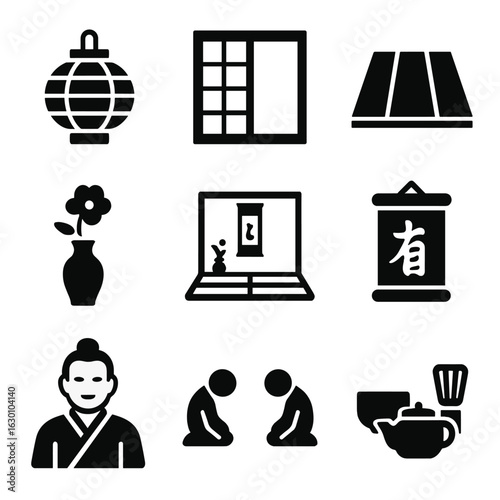 Tea Ceremony Icons. Solid, filled icons set of tea ceremony atmosphere: paper lantern, sliding door, wooden