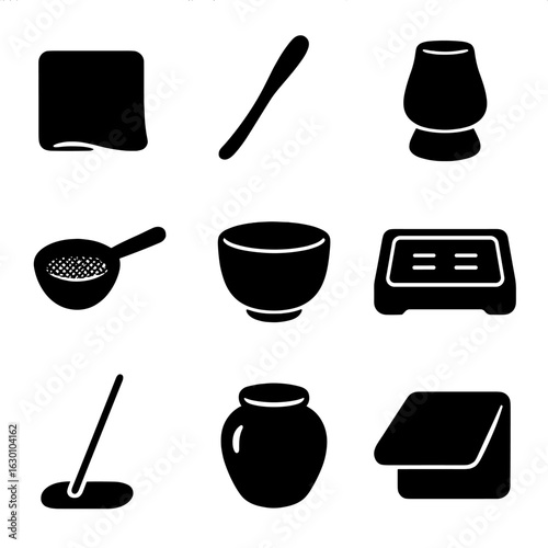 Tea Ceremony Icons. Solid, filled icons set of tea ceremony accessories: tea cloth, bamboo tea scoop, tea