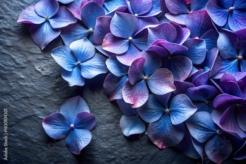 Closeup of vibrant blue and purple hydrangea flowers with delicate petals on a dark slate background