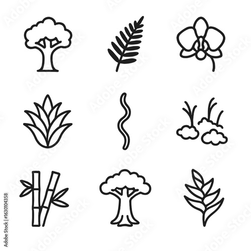 Rainforest Flora Icons. Outline icon set of rainforest flora: mahogany tree, fern, orchid, bromeliad, liana vine, moss, bamboo,