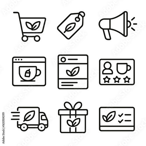 Tea Sales Icons. Outline icon set of tea marketing and sales: shopping cart, price tag, megaphone, website,