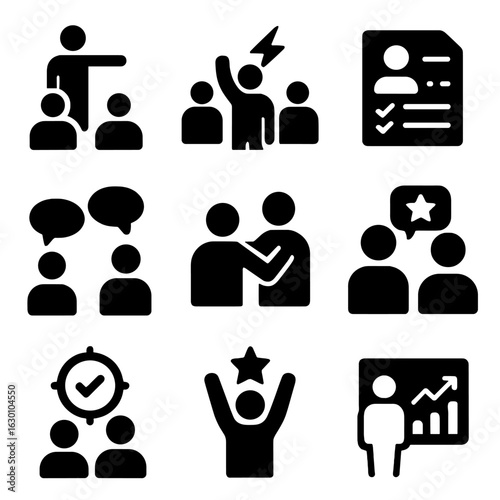 Team Management Icons. Solid, filled icons set of effective team management: delegation, empowerment, role