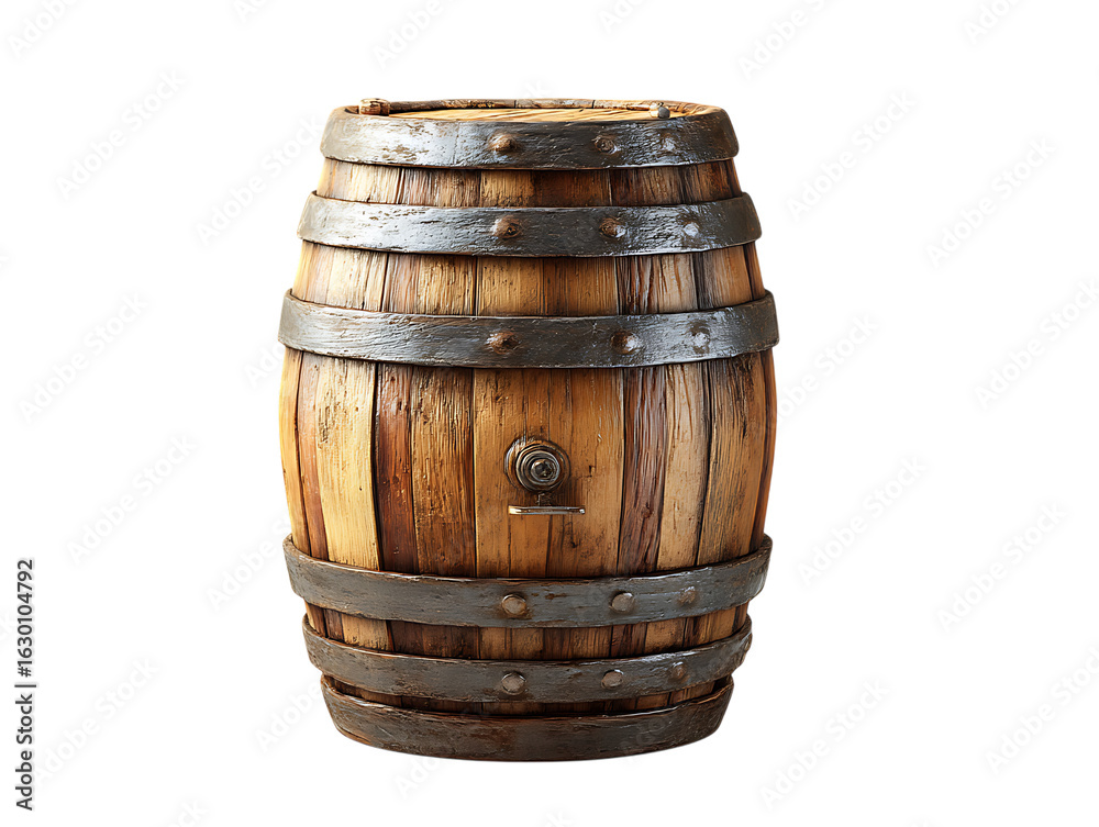 Fototapeta premium Old wooden barrel with metal bands isolated on transparent background