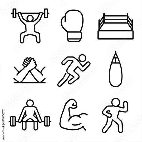 Raw Power Icons. Outline icon set of human raw power: weightlifter, boxing glove, wrestling ring, arm wrestling, sprinting athlete