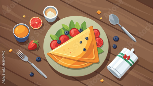 Overhead view of pancakes with berries and greens on a plate with juice and utensils on a wooden table