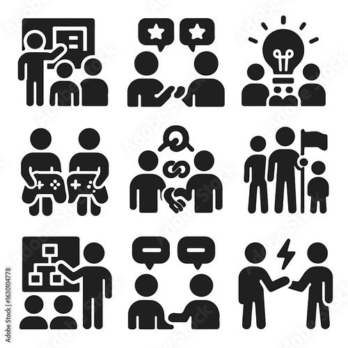 Teamwork Icons Grid. Solid, filled icons set of teamwork and collaboration: group projects, peer review,