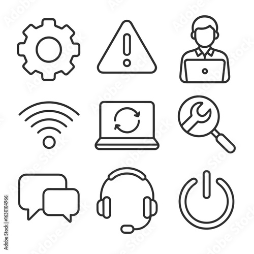 Tech Support Icon Set. Outline icon set of technical support for remote tutoring: gear settings, error warning