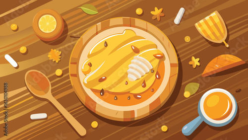 Top view of a wooden plate with yellow dessert and a spoon on a brown striped wooden table top