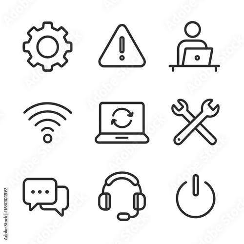 Tech Support Icon Set. Outline icon set of technical support for remote tutoring: gear settings, error warning