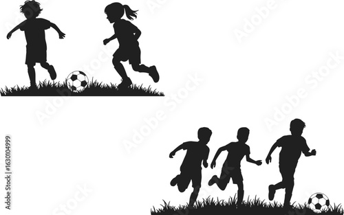 Family and children playing soccer and football in silhouette style