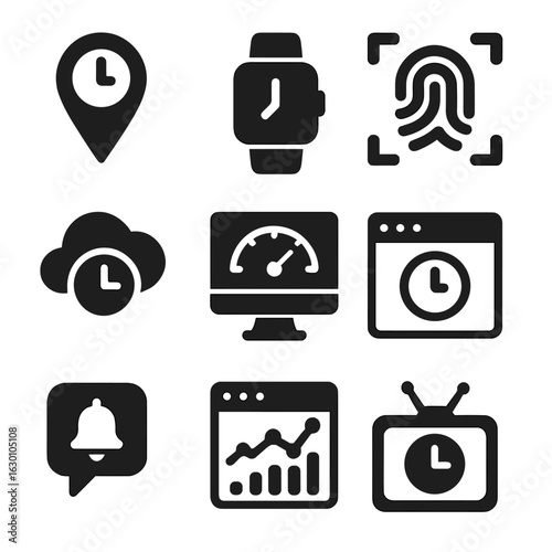 Technology Time Icons. Solid, filled icons set of technology and time tracking: GPS clock, smartwatch,