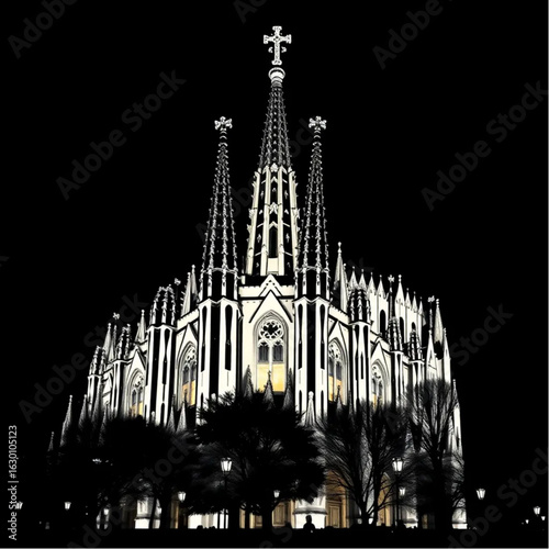 Sagrada Familia crowned with autumn hues in Barcelona at midnight with glowing lanterns