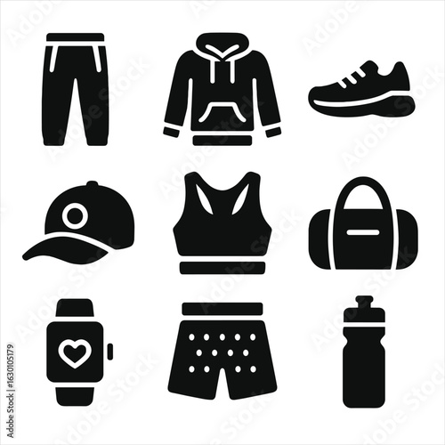 Teen Sportswear Icons. Solid, filled icons set of sporty casual wear for teens: track pants, athletic hoodie,