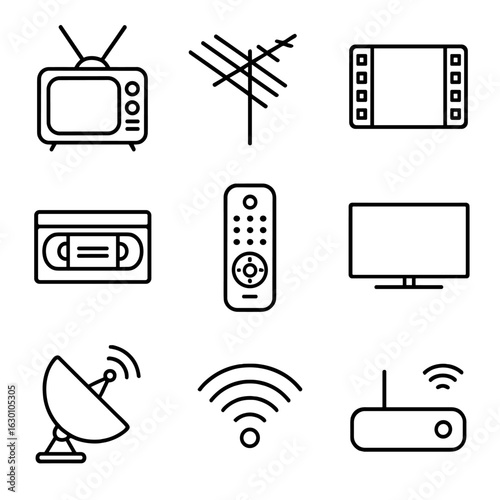 Television Evolution Icons. Outline icon set of television advancement: old TV, antenna, film strip, VHS tape,
