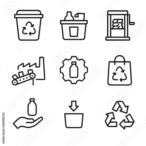 Recycling Icon Grid. Outline icon set of recycling cycle: collection bin, sorting, compacting, processing, remanufacturing,
