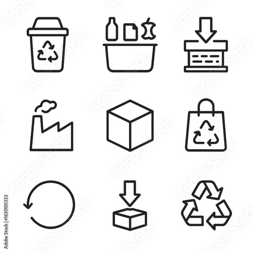 Recycling Icon Grid. Outline icon set of recycling cycle: collection bin, sorting, compacting, processing, remanufacturing,