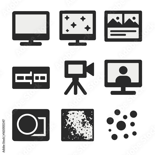 Television Production Icons. Solid, filled icons set of television production graphics: title card, animated