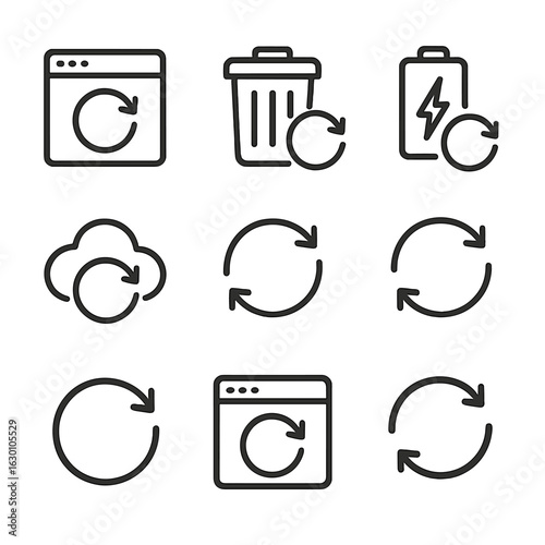 Refresh Technology Icons. Outline icon set of refresh technology: software update, cache clear, battery recharge, cloud sync, data