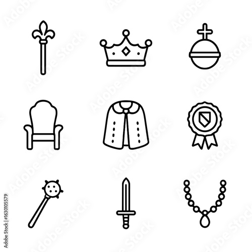 Regal Icons Collection. Outline icon set of scepters and regalia: scepter, crown, orb, throne, robe, seal, mace, sword, necklace.