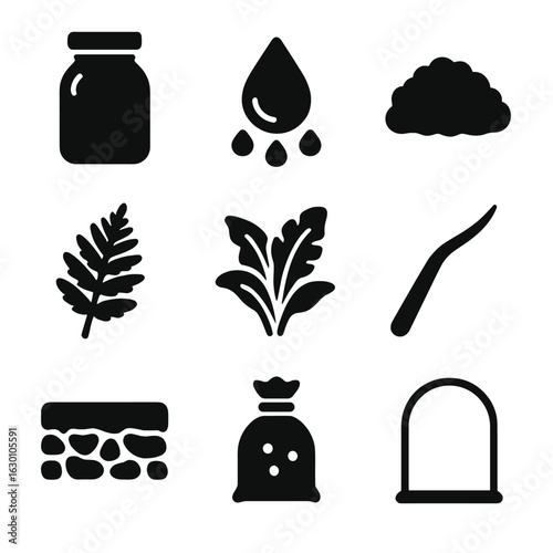 Terrarium Icon Set. Solid, filled icons set of closed terrarium essentials: cork-sealed jar, condensation icon