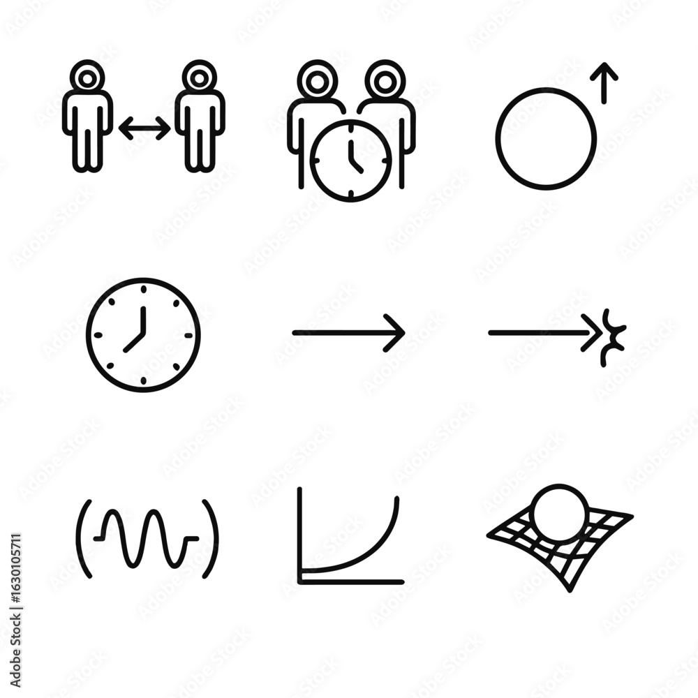 Fototapeta premium Relativistic Effects Icons. Outline icon set of relativistic effects: length contraction, twin paradox, mass increase, time