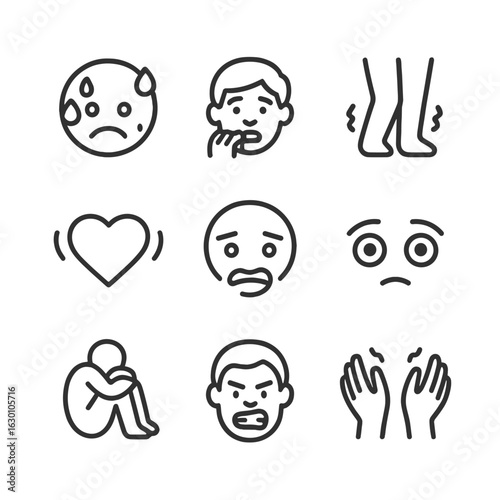 Fear and Anxiety Icons. Outline icon set of fear and anxiety: sweating face, biting nails, restless legs, heart beating, biting